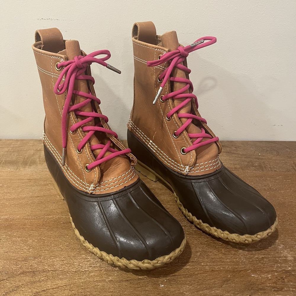 L.L. Bean Bean Boots Womens 7 Brown Leather Duck Boots Pink Laces Made in Maine
